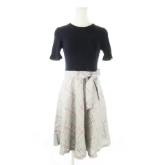 ブルーレーベルクレストブリッジ BLUE LABEL CRESTBRIDGE ドッキングワンピース ひざ丈 半袖リブニット フレアスカート リボン チェック 38 M 紺 ネイビー グレー /CK28 ■GY18