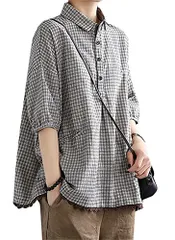 Size:L_Color:グレー [ＪＱＢＦＬ] 半袖 シャツ レディース チェック柄 ブラウス 夏 リネン 綿麻シャツ ゆったり 大きいサイズ カジュアル カットソー 夏物 トップス プルオーバー 体型カバー(Gグレー)