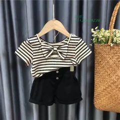 子供服 キッズ 女の子 セットアップ 夏服 Tシャツ 半袖 上下セット リボン 普段着 ズボン カジュアル ガールズ ジュニア ストライブ柄  vii2z759236
