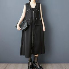 モード系  フルジップ 美しいカジュアルアイテム 膝下丈 ブラック Vネック ノースリーブ 個性派 Aライン ミディ フルジップ ドレス