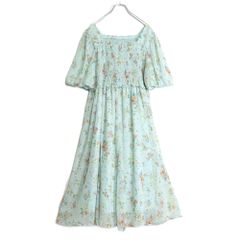 【美品】ローズティアラ★ワンピース 大きいサイズ46 薄緑系 シャーリングデザイン♪シアーな花柄♪z14715