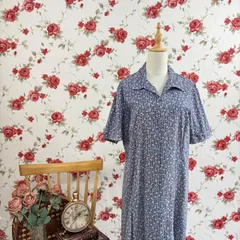 【M・R】ヴィンテージ 総柄ワンピース 半袖 ネイビー系 幾何学模様 レトロ 古着 L相当