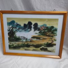 【中古】 布絵　木の額縁　昔の中国の風景