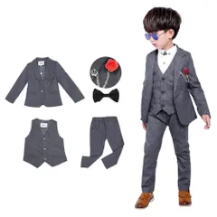 ダークグレー_100 [ALICE] 男の子フォーマルスーツ キッズスーツ 子供服 スーツセット 4点セット ジャケット、ベスト、ズボン 、蝶ネクタイ おしゃれ かっこいい 入学式 七五三 卒業式 スリムタイプ 90-189cm