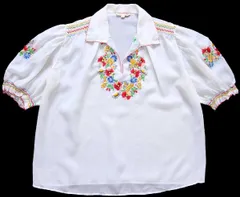 70s フラワー刺繍 半袖 シフォン チュニック ホワイト 42★ビンテージ ユーロ ハンガリー チロリアン シャツ ブラウス プルオーバー
