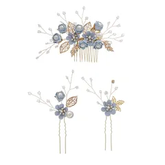 【色: ブルー】髪飾り 結婚式 ヘアアクセサリー ヘッドドレス 3点セット パー
