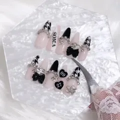 ネイルチップ 量産型 千鳥柄 ワンホンネイル 韓国ネイル 黒ネイル 白ネイル ピンクネイル ちゅるんネイル ハートネイル 3Dパーツ  リボンネイル フレンチネイル ガーリーネイル スナ系 オタクネイル 現場ネイル 大人かわいい シンプルネイル 卒業式 成人式