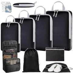 トラベルポーチ 圧縮 セット 旅行用圧縮袋 10点セット 【2025年最新型】 旅行圧縮バッグ パッキングポーチ 可変スペース 圧縮で衣類スペース約60％節約 圧縮ポーチ 洗面用具 旅行用 出張 衣類 整理 便利グッズ 靴用 下着収納 小物入れ (ブラック