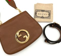 【鑑定済み】正規品 難あり グッチ GUCCI ラウンド  インターロッキングG ブロンディ 699210 ショルダー レザー ブラウン ウェブストライプ