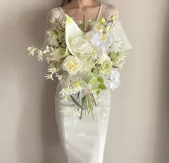 white×naturalgreen クラッチブーケ　ウェディングブーケ ブートニア　アーティフィシャルフラワー　造花ブーケ