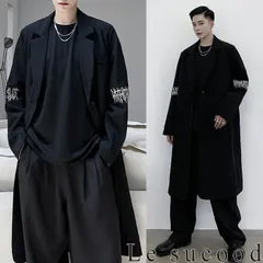 Le sucood 袖刺繍ブラックチェスターコート オーバーサイズ ゆったり ビッグシルエット ロングコート ロング丈 ひざ丈 コート オーバーコート ガウンコート アウター 大人カジュアル クラシカル 黒 メンズ ストリート モード系 個性的 原宿 青文字系