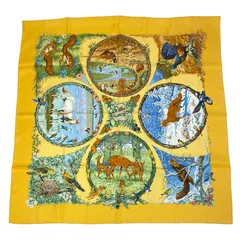 極美品 HERMES エルメス カレ90 LES QUATRE SAISONS 四季 ブラウン 動物 花 スカーフ シルク イエロー