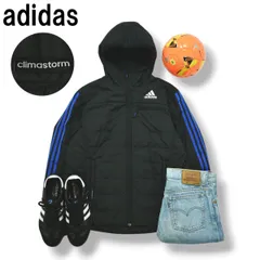 【美品】 アディダス adidas 中綿 キルティング フーデット ジャケット ジップアップ ウィンドブレーカー ジャンパー クライマストーム CLIMASTORM 裏起毛 M ブラック x ブルー メンズ