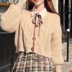 【新品】 人気 おすすめ レディース 韓国 ニット カーディガン ベージュ S M L XL　レトロガーリー♡ざっくりニットカーディガン　E1337