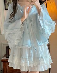 セットアップ　スカート　水色界隈　天使界隈　長袖　春　透明感　可愛い　姫袖　きれいめ　ファッション　ストリート　スカート　リボン　おしゃれ　かわいい　安い　秋　冬　渋谷　原宿　オルチャン