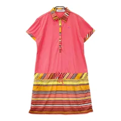 サイズ：L LECOQ GOLF ルコックゴルフ  半袖ポロワンピース マルチボーダー柄 ピンク系 [240101200436] ゴルフウェア レディース ストスト