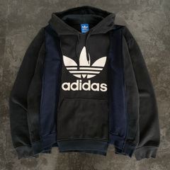 【Remake】adidas × 再構築 トレフォイルロゴ フロントロゴ リメイク 解体 つぎはぎ ドッキング オーバーサイズ パーカー ブラック系 古着 Y2K 海外 No.18