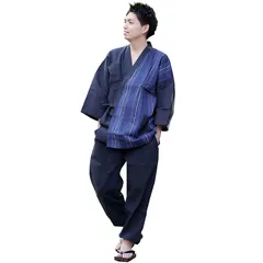[遊楽庵] しじら織り 作務衣 メンズ 夏用 切り替え 綿100% M (夏縞７, M)