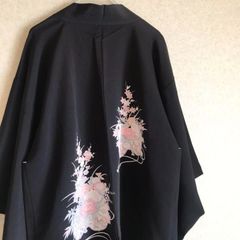 Used＊花柄黒羽織　絵羽織　着物　和コーデ　ガウン ブラック
