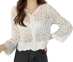 白3_Free Size [1/2style] [ニブンノイチスタイル] ボレロ カーディガン 透かし 編み ニット 春夏 コットン カジュアル レディース (フリーサイズ, 白3)