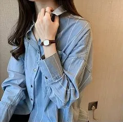 デニムシャツ ストライプシャツ ドッキング トップス シャツ 袖あり 長袖 襟付き アシンメトリー 切り替えデザイン ポケット 前開き デニム ブルーデニム カラーデニム かわいい カジュアル おしゃれ お洒落 かっこいい こなれ感 ラフ メンズライク マニッ