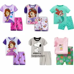 送料無料 子供パジャマ 男の子 女の子 プリントキッズ 子供服 ジュニア こども 上下セットルームウェア パジャマ 半袖＆半ズボン (ソフィア スヌーピー マーメイド) 90cm〜130cm 薄手綿100％ 春用 夏用 秋用